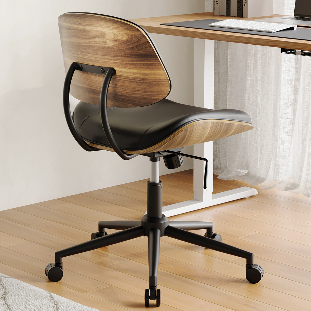 Armless Office Chair with Wheels, PU Leather Desk Chair, Black | Adjustable Height Task Chair, 360° Swivel Ergonomic Computer Chair for Small Space, Modern Walnut Style, Home & Meeting Room
