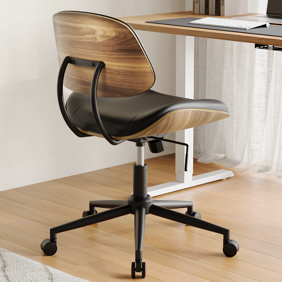 Armless Office Chair with Wheels, PU Leather Desk Chair, Black | Adjustable Height Task Chair, 360° Swivel Ergonomic Computer Chair for Small Space, Modern Walnut Style, Home & Meeting Room