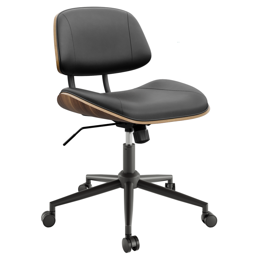 Armless Office Chair with Wheels, PU Leather Desk Chair, Black | Adjustable Height Task Chair, 360° Swivel Ergonomic Computer Chair for Small Space, Modern Walnut Style, Home & Meeting Room