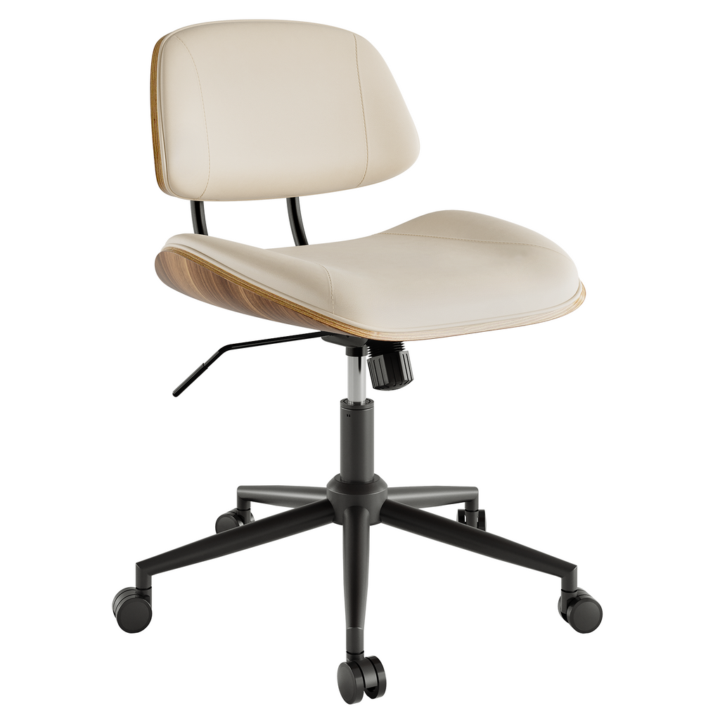 Armless Office Chair with Wheels, PU Leather Desk Chair, Black | Adjustable Height Task Chair, 360° Swivel Ergonomic Computer Chair for Small Space, Modern Walnut Style, Home & Meeting Room