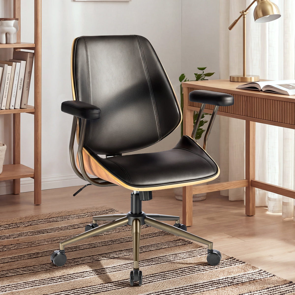 Modern Mid Back Office Chair, Adjustable Swivel Desk Chair with Arms, Black | Faux leather seat, wood accent detail, mid-back with padded armrests, adjustable swivel, for home office, bedroom & study