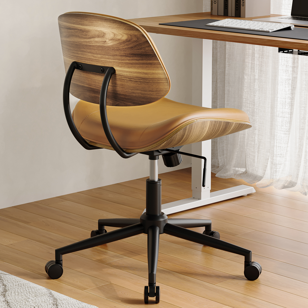 Armless Office Chair with Wheels, PU Leather Desk Chair, Black | Adjustable Height Task Chair, 360° Swivel Ergonomic Computer Chair for Small Space, Modern Walnut Style, Home & Meeting Room
