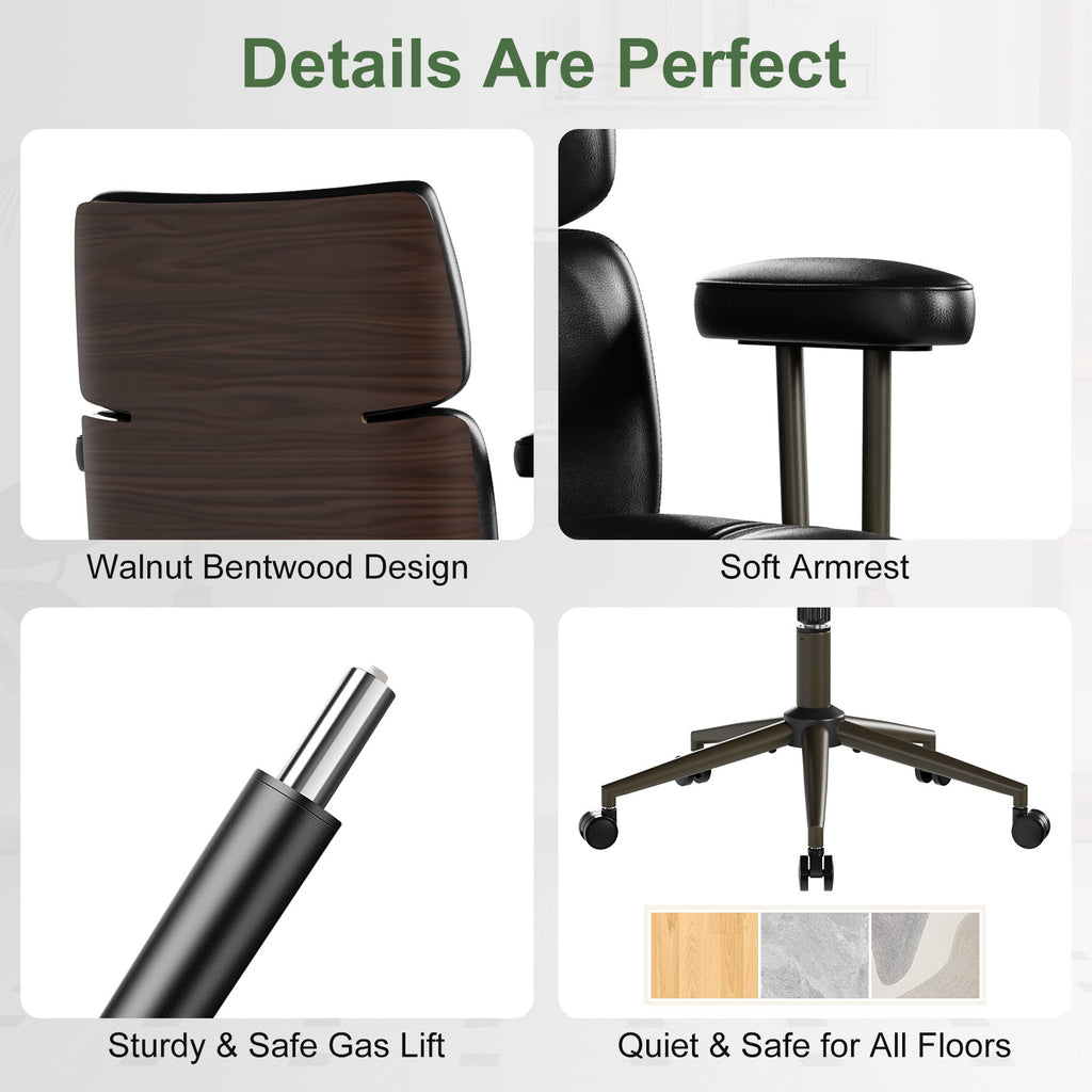 Mid-Century Modern Ergonomic Office Chair, Mid Back & Tufted, Black | Faux Leather Executive Desk Chair, Walnut Bentwood Frame, Tufted Design, Swivel Computer Chair for Home Office, 300LBS Cap