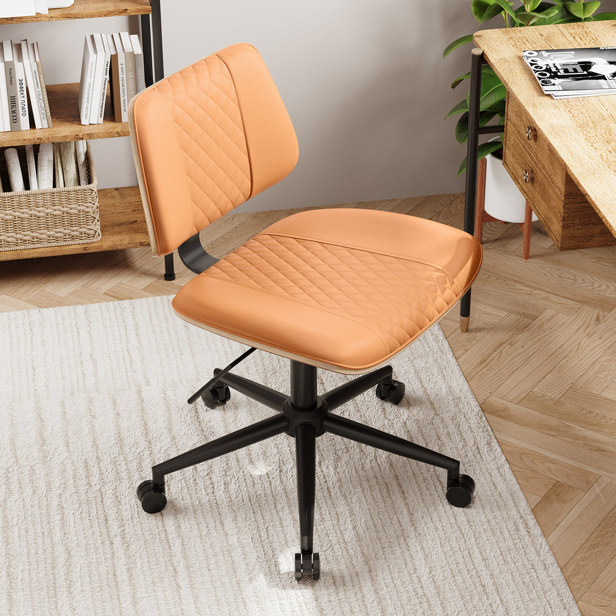 Home Office Chair No Arms with Wheels, Mid Back Walnut Style