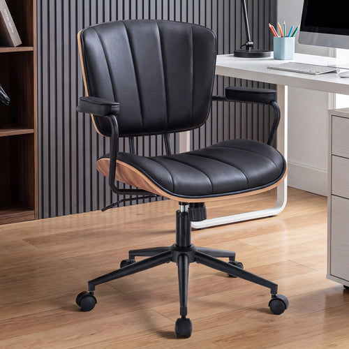 Mid Century Modern Walnut Leather Office Chair with Arms, Black | Fixed walnut bentwood back with armrests, height-adjustable swivel rolling base, PU leather seat, ideal for home office use
