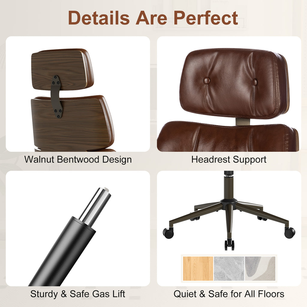 Mid-Century Modern Ergonomic Office Chair, High Back Headrest, Black | Faux Leather Executive Desk Chair, Walnut Bentwood & Adjustable Headrest, Swivel Computer Chair for Home Office, 300LBS Cap