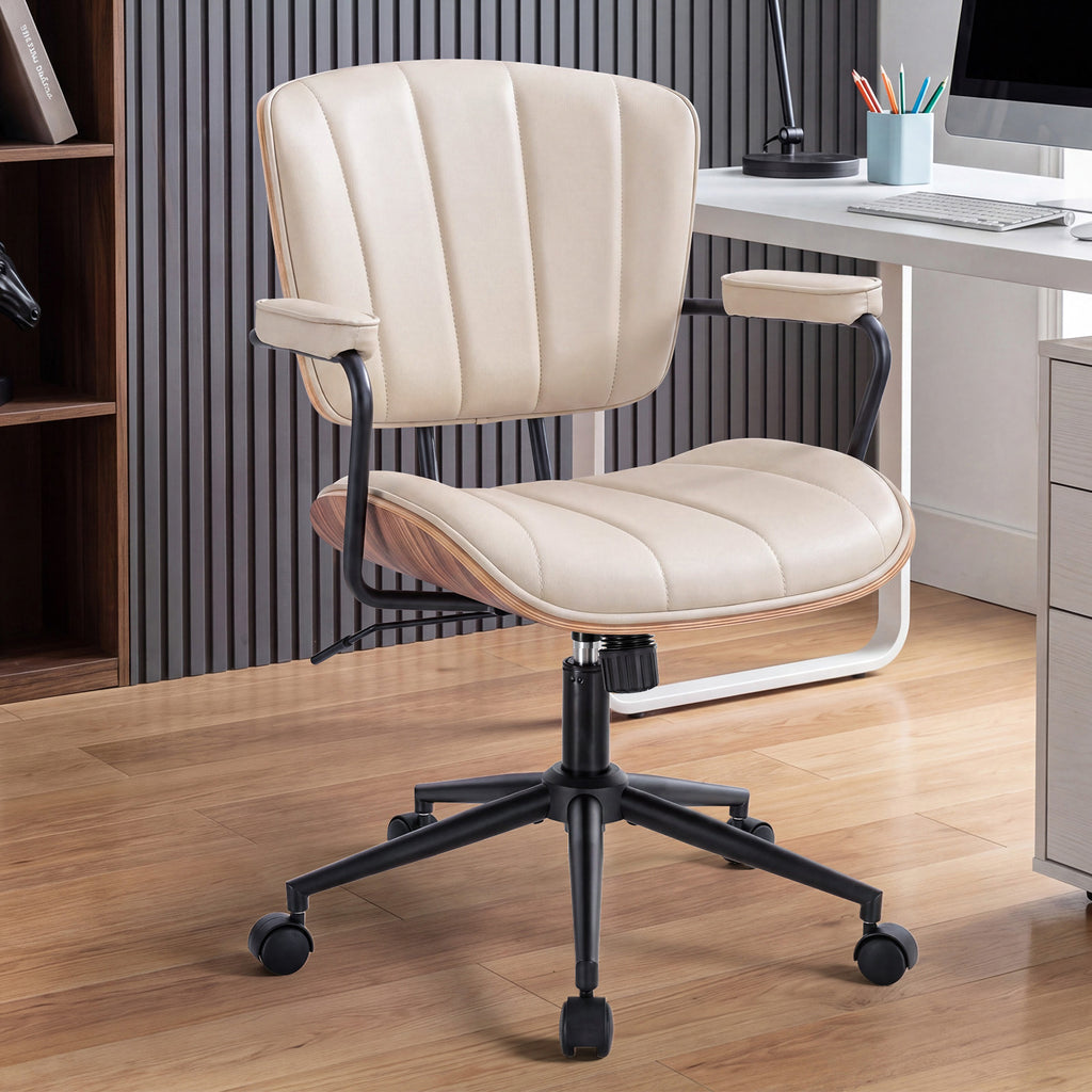 Mid Century Modern Walnut Leather Office Chair with Arms, Black | Fixed walnut bentwood back with armrests, height-adjustable swivel rolling base, PU leather seat, ideal for home office use