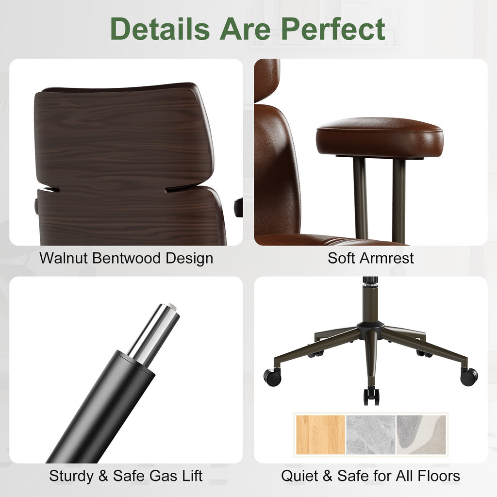 Mid-Century Modern Ergonomic Office Chair, Mid Back & Tufted, Black | Faux Leather Executive Desk Chair, Walnut Bentwood Frame, Tufted Design, Swivel Computer Chair for Home Office, 300LBS Cap