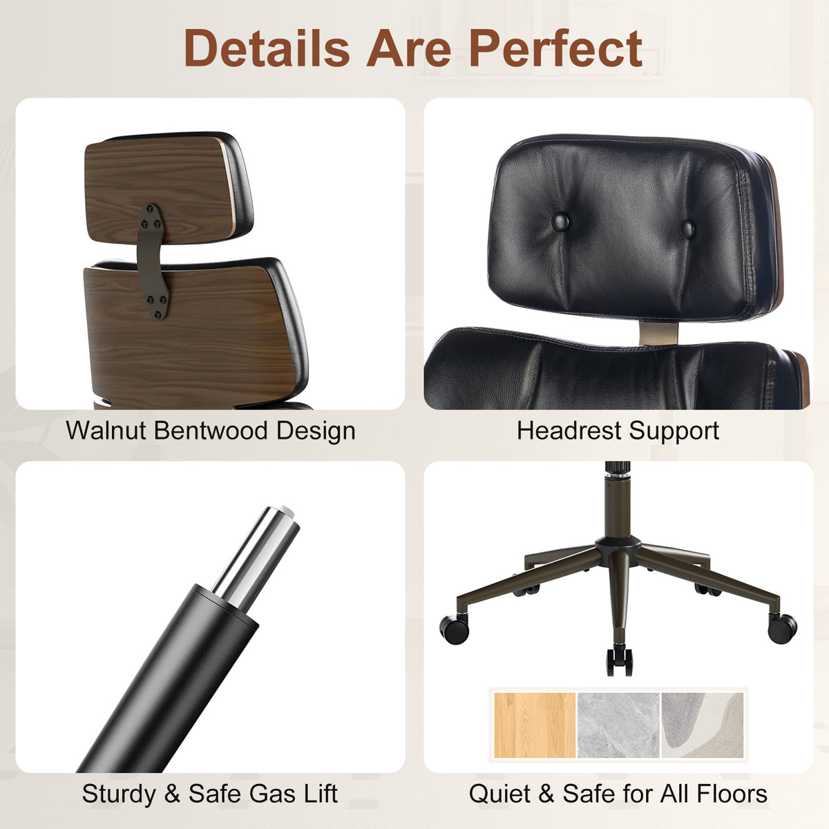 Mid-Century Modern Ergonomic Office Chair, High Back Headrest, Black | Faux Leather Executive Desk Chair, Walnut Bentwood & Adjustable Headrest, Swivel Computer Chair for Home Office, 300LBS Cap