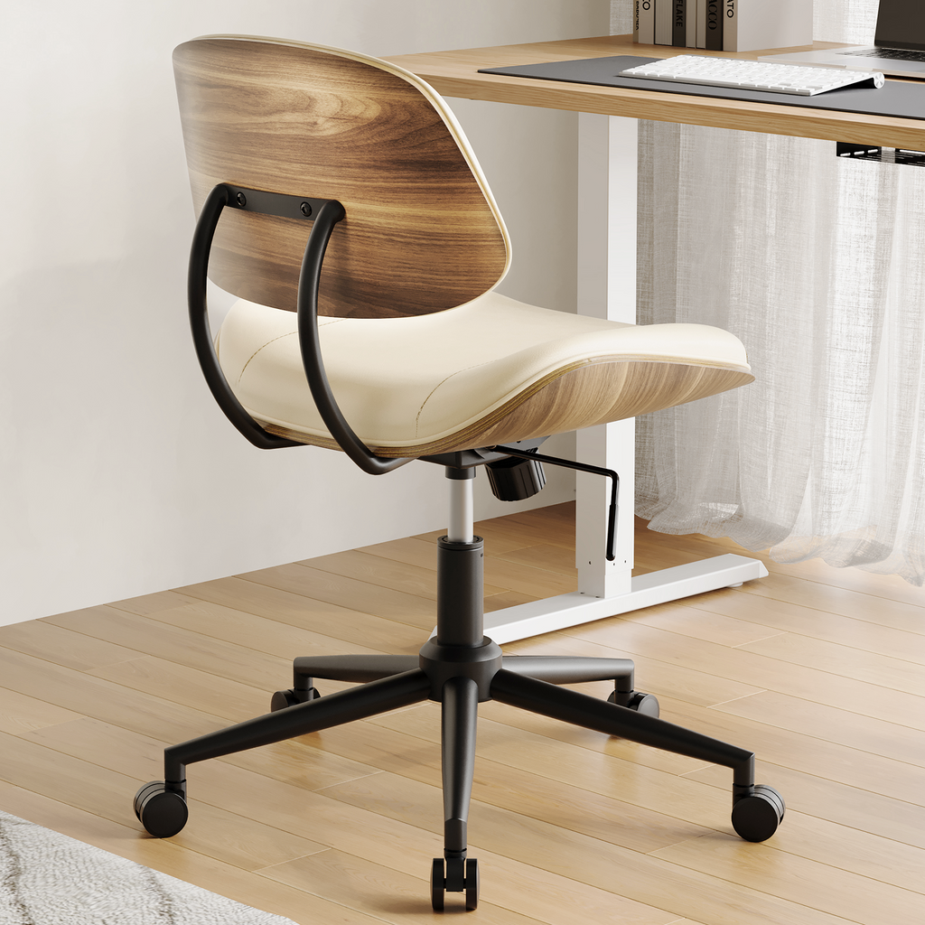 Armless Office Chair with Wheels, PU Leather Desk Chair, Black | Adjustable Height Task Chair, 360° Swivel Ergonomic Computer Chair for Small Space, Modern Walnut Style, Home & Meeting Room