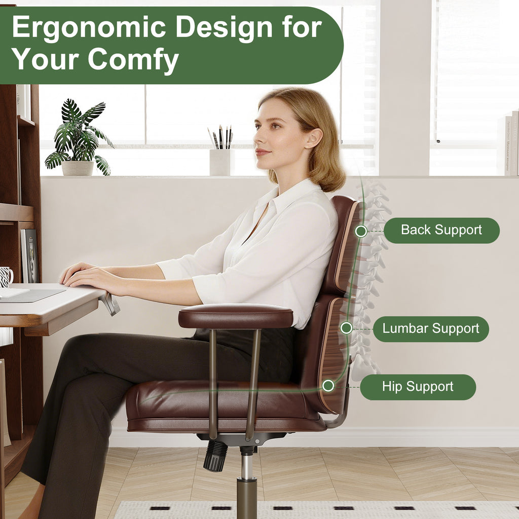 Mid-Century Modern Ergonomic Office Chair, Mid Back & Tufted, Black | Faux Leather Executive Desk Chair, Walnut Bentwood Frame, Tufted Design, Swivel Computer Chair for Home Office, 300LBS Cap