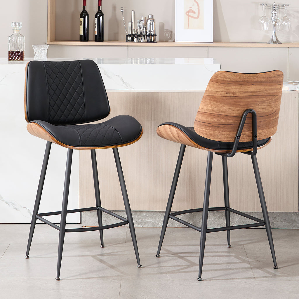 Counter Height Barstools Set of 2, 26.9" Bentwood Metal Legs, Black | Walnut Armless PU Leather Stools, Modern Pub, Home Counter, Kitchen Island & Cafe, Bentwood Walnut Look, 300LBS Easy Clean