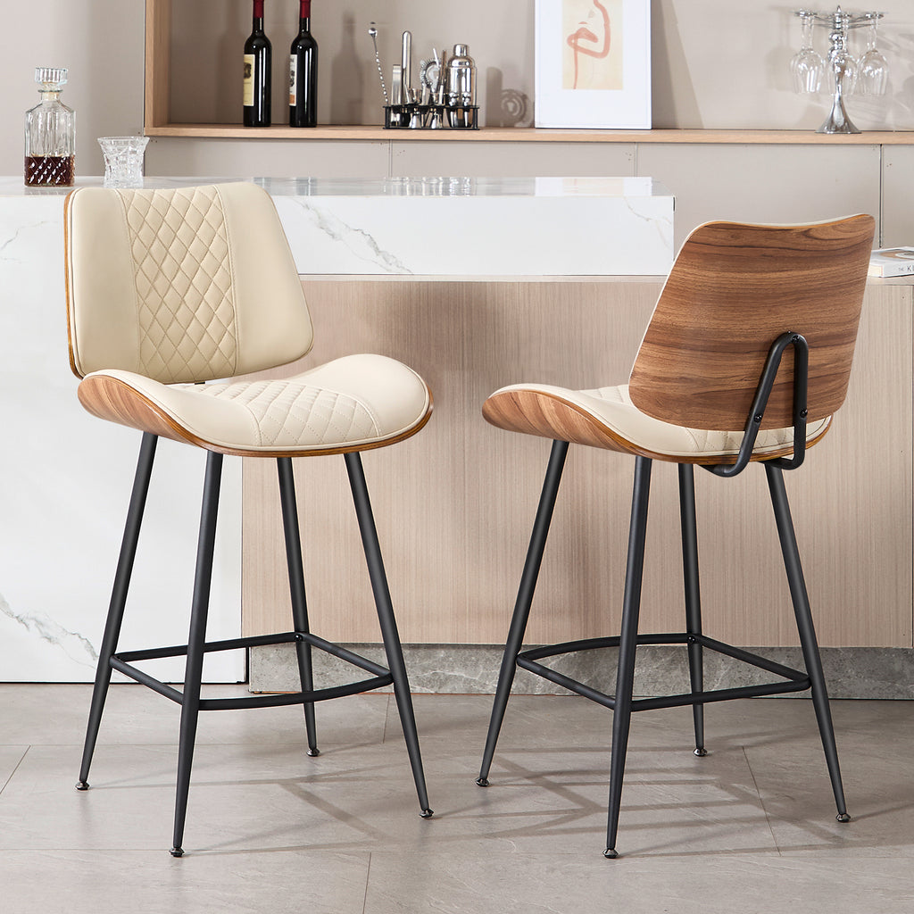 Counter Height Barstools Set of 2, 26.9" Bentwood Metal Legs, Black | Walnut Armless PU Leather Stools, Modern Pub, Home Counter, Kitchen Island & Cafe, Bentwood Walnut Look, 300LBS Easy Clean