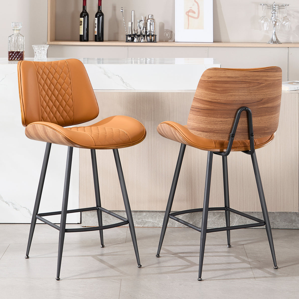 Counter Height Barstools Set of 2, 26.9" Bentwood Metal Legs, Black | Walnut Armless PU Leather Stools, Modern Pub, Home Counter, Kitchen Island & Cafe, Bentwood Walnut Look, 300LBS Easy Clean