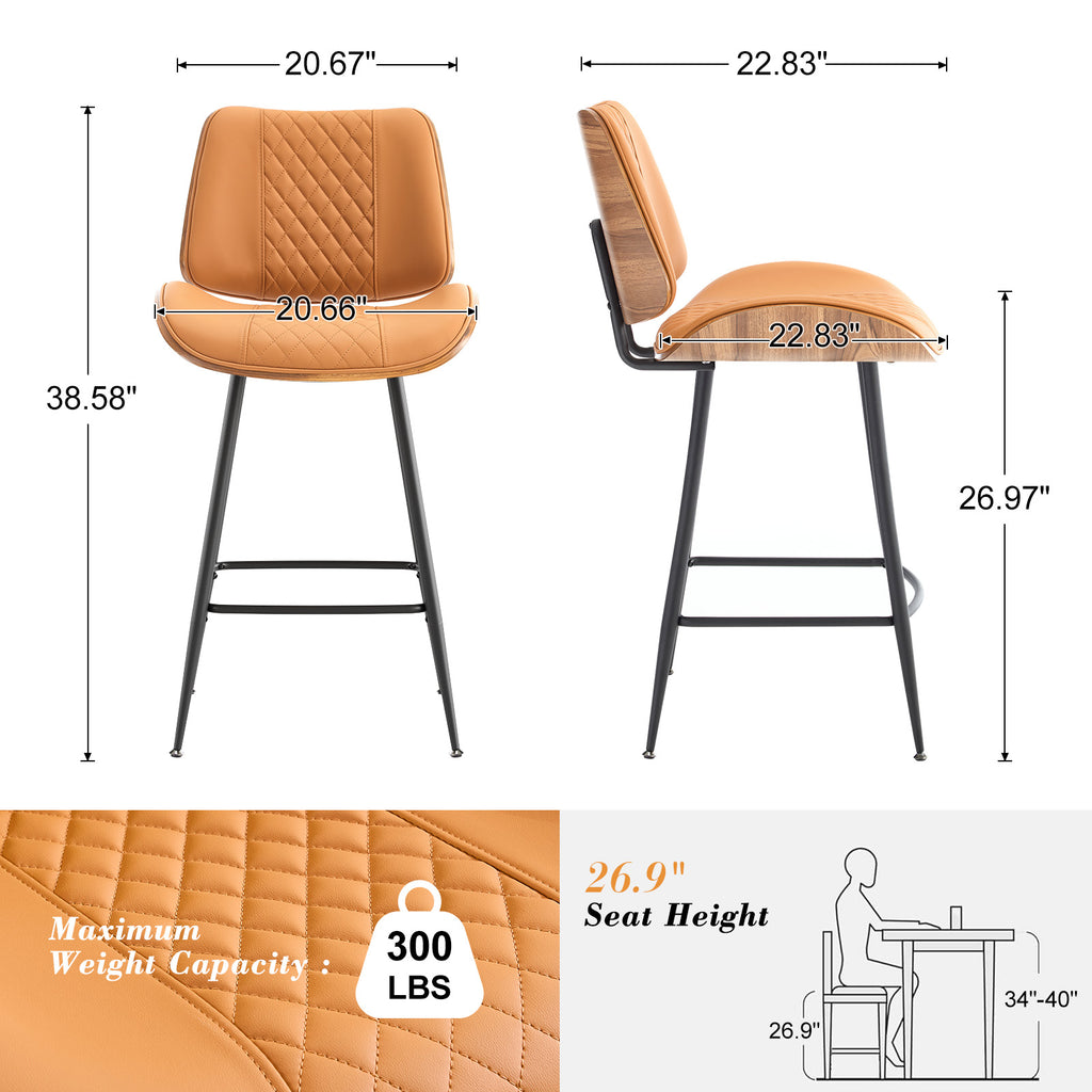 Counter Height Barstools Set of 2, 26.9" Bentwood Metal Legs, Black | Walnut Armless PU Leather Stools, Modern Pub, Home Counter, Kitchen Island & Cafe, Bentwood Walnut Look, 300LBS Easy Clean