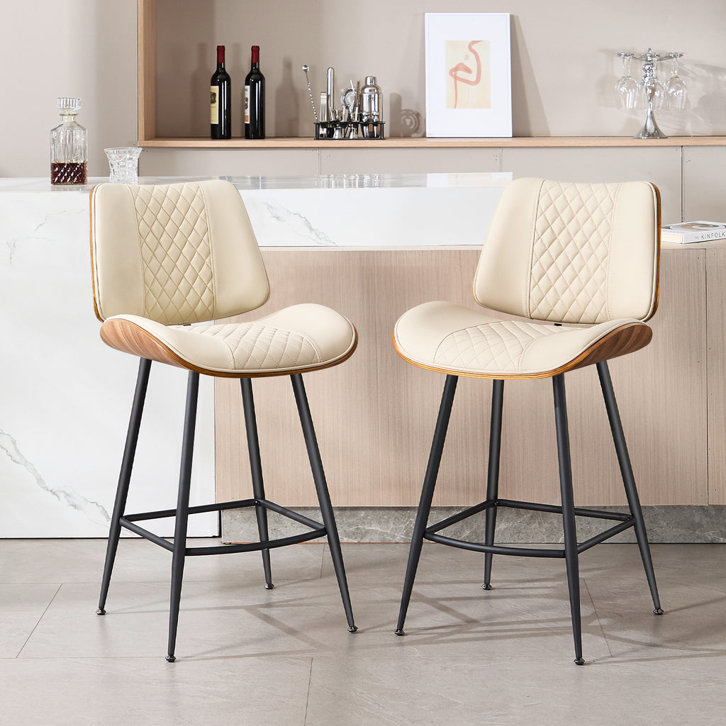 Counter Height Barstools Set of 2, 26.9" Bentwood Metal Legs, Black | Walnut Armless PU Leather Stools, Modern Pub, Home Counter, Kitchen Island & Cafe, Bentwood Walnut Look, 300LBS Easy Clean