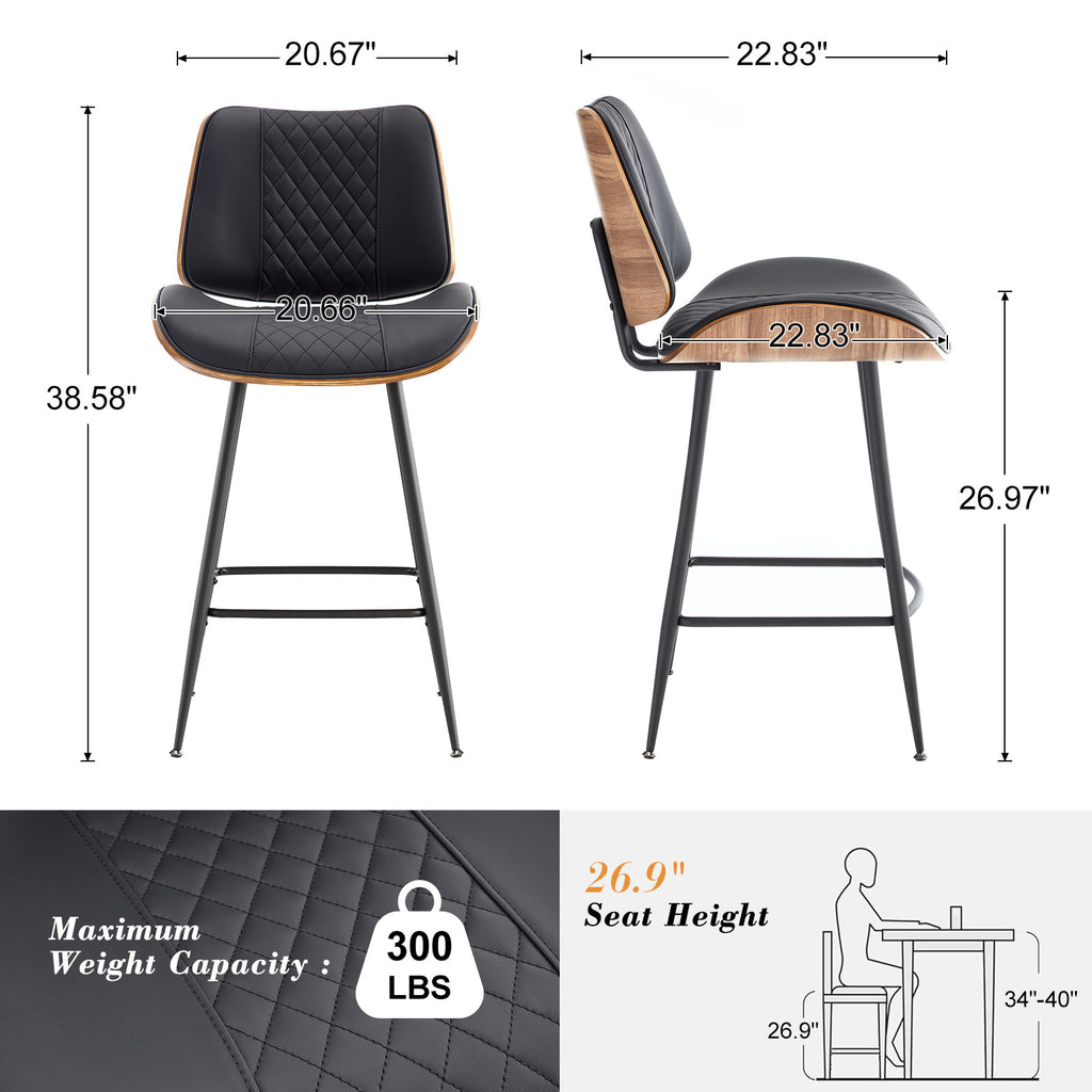 Counter Height Barstools Set of 2, 26.9" Bentwood Metal Legs, Black | Walnut Armless PU Leather Stools, Modern Pub, Home Counter, Kitchen Island & Cafe, Bentwood Walnut Look, 300LBS Easy Clean