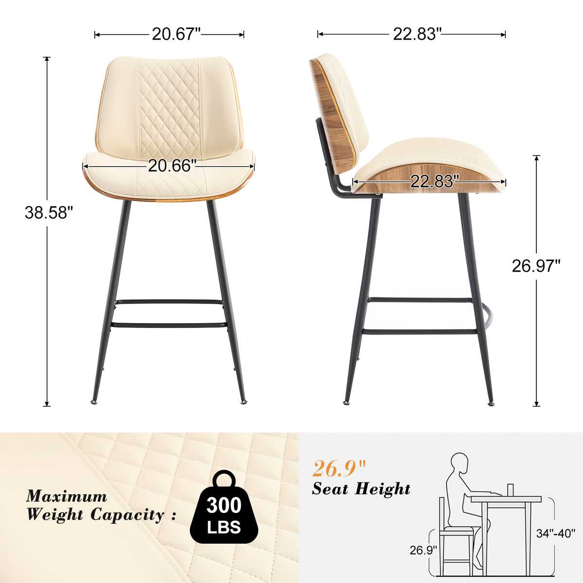 Counter Height Barstools Set of 2, 26.9" Bentwood Metal Legs, Black | Walnut Armless PU Leather Stools, Modern Pub, Home Counter, Kitchen Island & Cafe, Bentwood Walnut Look, 300LBS Easy Clean