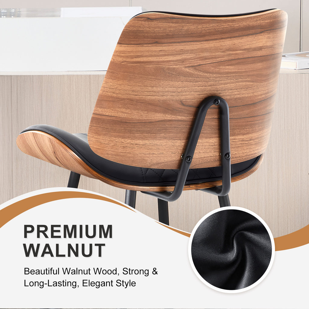 Counter Height Barstools Set of 2, 26.9" Bentwood Metal Legs, Black | Walnut Armless PU Leather Stools, Modern Pub, Home Counter, Kitchen Island & Cafe, Bentwood Walnut Look, 300LBS Easy Clean