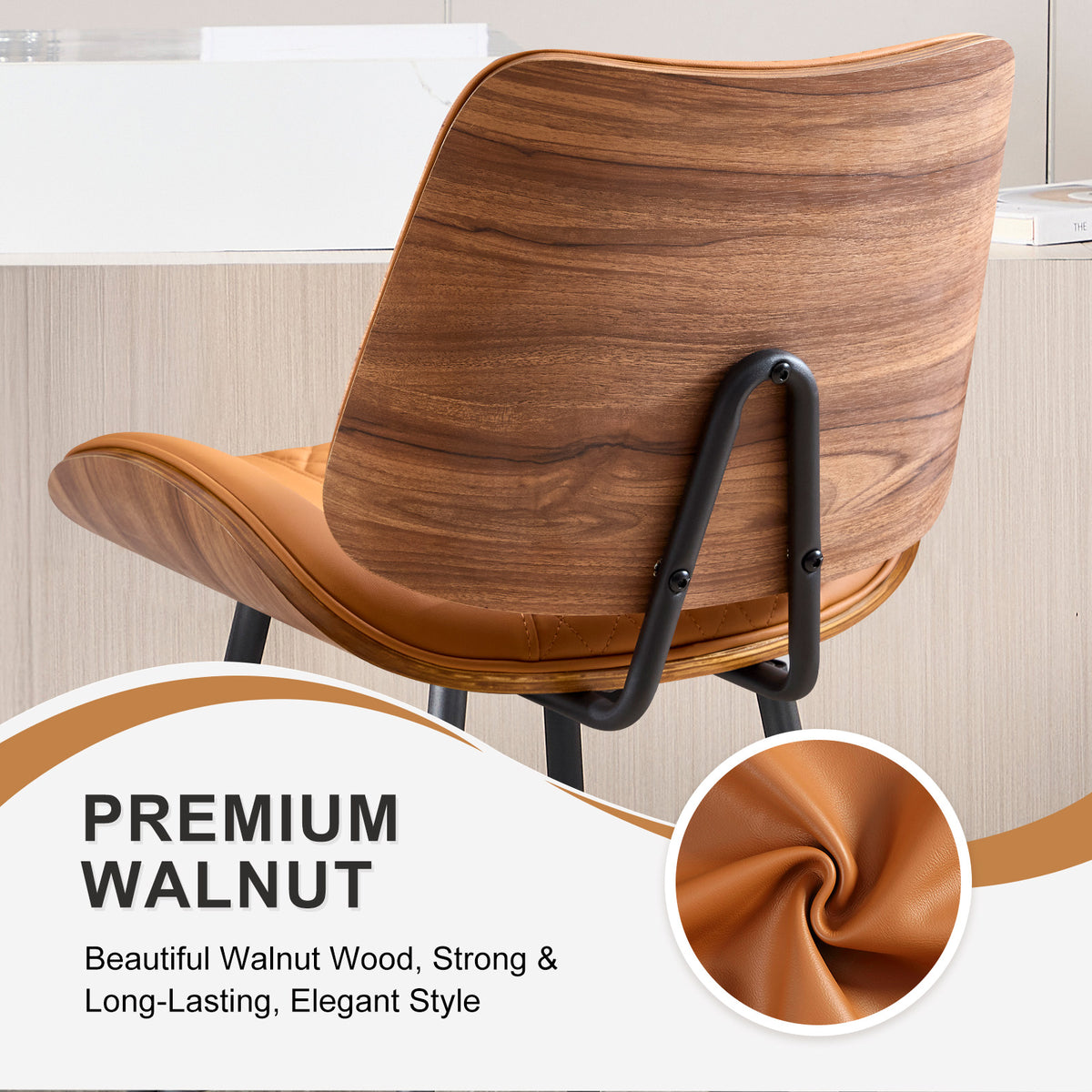 Counter Height Barstools Set of 2, 26.9" Bentwood Metal Legs, Black | Walnut Armless PU Leather Stools, Modern Pub, Home Counter, Kitchen Island & Cafe, Bentwood Walnut Look, 300LBS Easy Clean