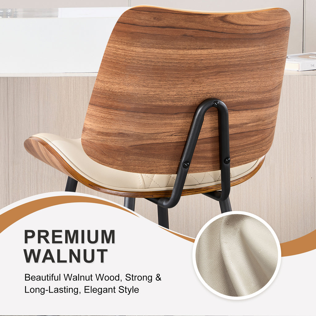 Counter Height Barstools Set of 2, 26.9" Bentwood Metal Legs, Black | Walnut Armless PU Leather Stools, Modern Pub, Home Counter, Kitchen Island & Cafe, Bentwood Walnut Look, 300LBS Easy Clean