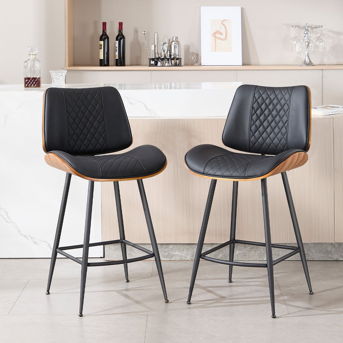 Counter Height Barstools Set of 2, 26.9" Bentwood Metal Legs, Black | Walnut Armless PU Leather Stools, Modern Pub, Home Counter, Kitchen Island & Cafe, Bentwood Walnut Look, 300LBS Easy Clean