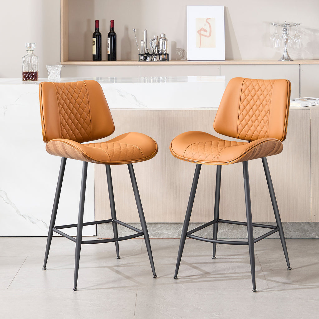 Counter Height Barstools Set of 2, 26.9" Bentwood Metal Legs, Black | Walnut Armless PU Leather Stools, Modern Pub, Home Counter, Kitchen Island & Cafe, Bentwood Walnut Look, 300LBS Easy Clean