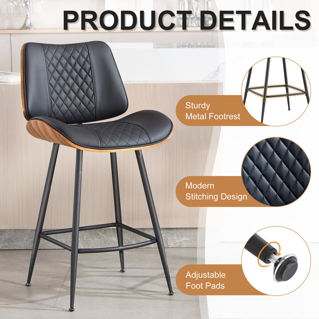Counter Height Barstools Set of 2, 26.9" Bentwood Metal Legs, Black | Walnut Armless PU Leather Stools, Modern Pub, Home Counter, Kitchen Island & Cafe, Bentwood Walnut Look, 300LBS Easy Clean