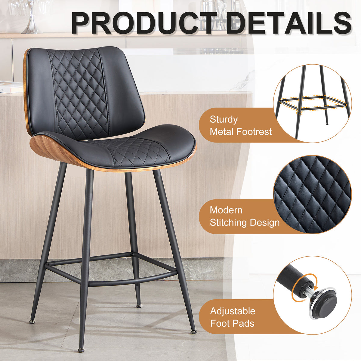Counter Height Barstools Set of 2, 26.9" Bentwood Metal Legs, Black | Walnut Armless PU Leather Stools, Modern Pub, Home Counter, Kitchen Island & Cafe, Bentwood Walnut Look, 300LBS Easy Clean