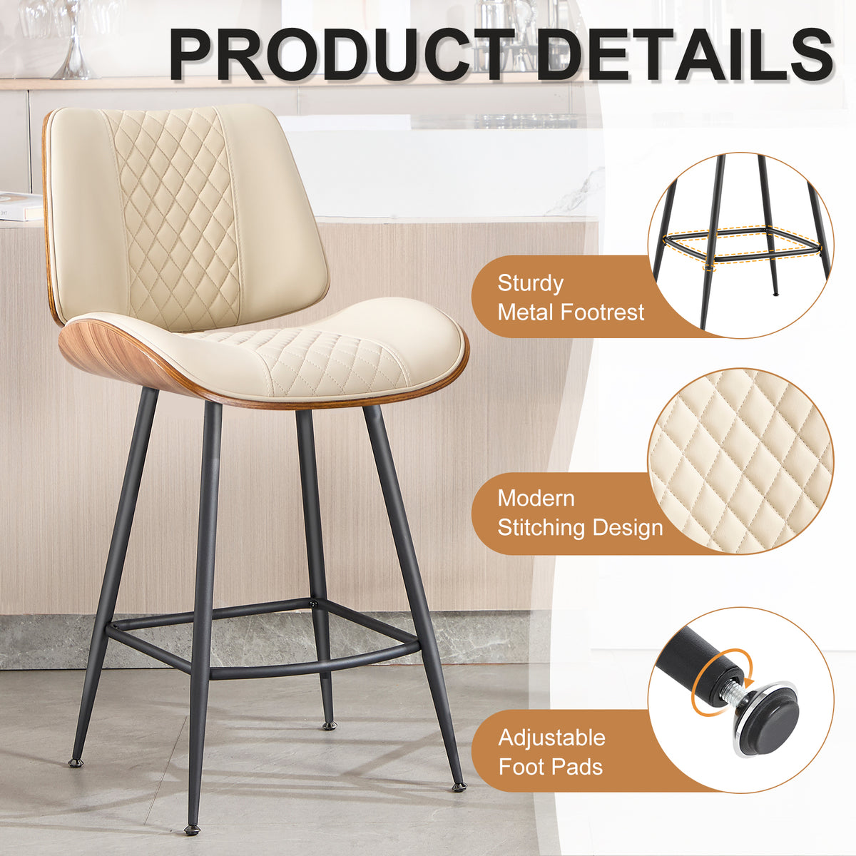 Counter Height Barstools Set of 2, 26.9" Bentwood Metal Legs, Black | Walnut Armless PU Leather Stools, Modern Pub, Home Counter, Kitchen Island & Cafe, Bentwood Walnut Look, 300LBS Easy Clean