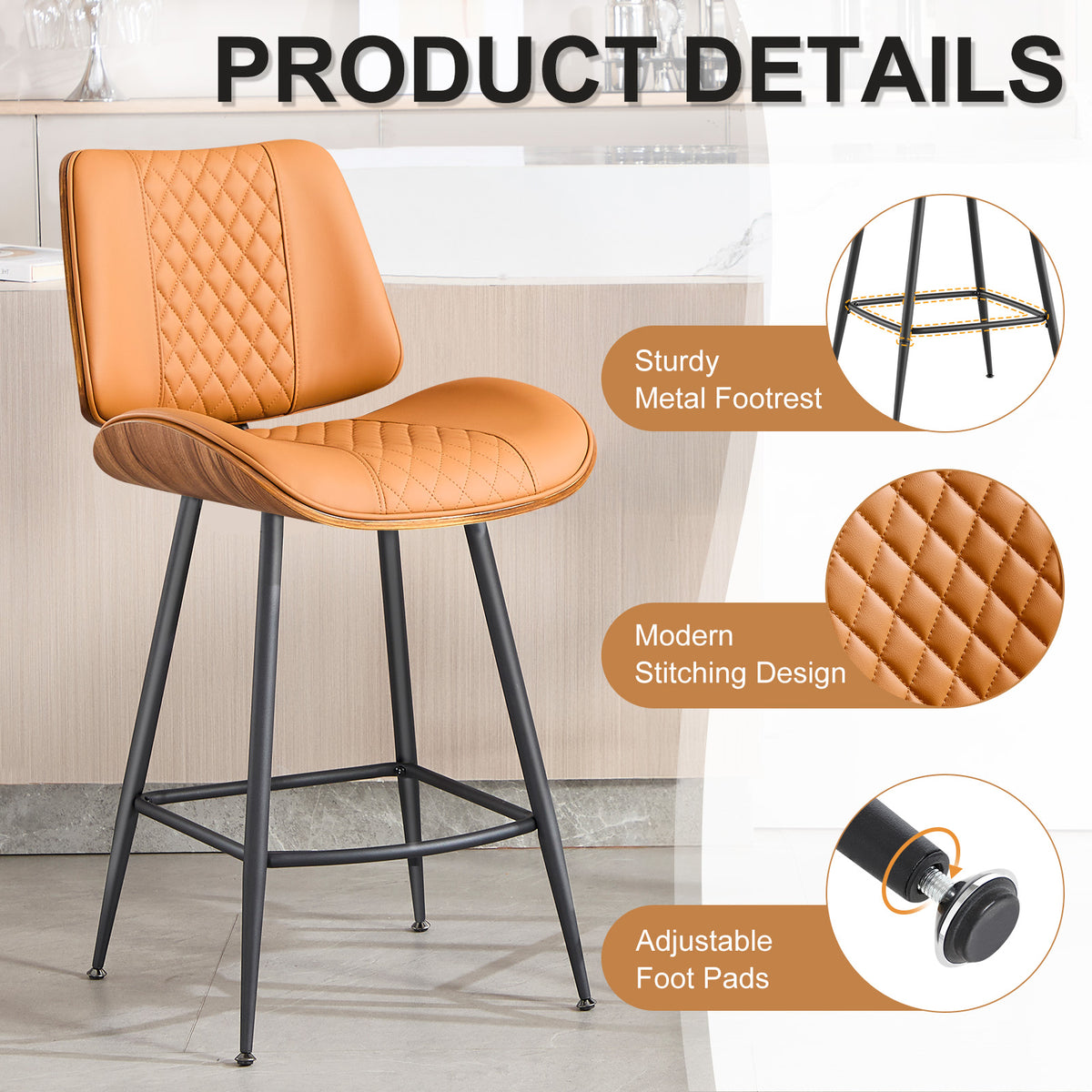Counter Height Barstools Set of 2, 26.9" Bentwood Metal Legs, Black | Walnut Armless PU Leather Stools, Modern Pub, Home Counter, Kitchen Island & Cafe, Bentwood Walnut Look, 300LBS Easy Clean