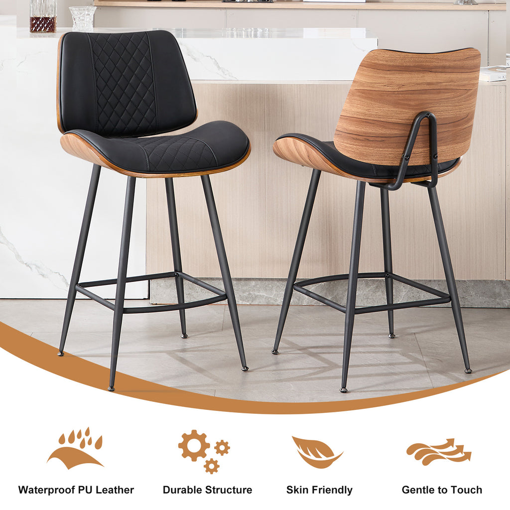 Counter Height Barstools Set of 2, 26.9" Bentwood Metal Legs, Black | Walnut Armless PU Leather Stools, Modern Pub, Home Counter, Kitchen Island & Cafe, Bentwood Walnut Look, 300LBS Easy Clean