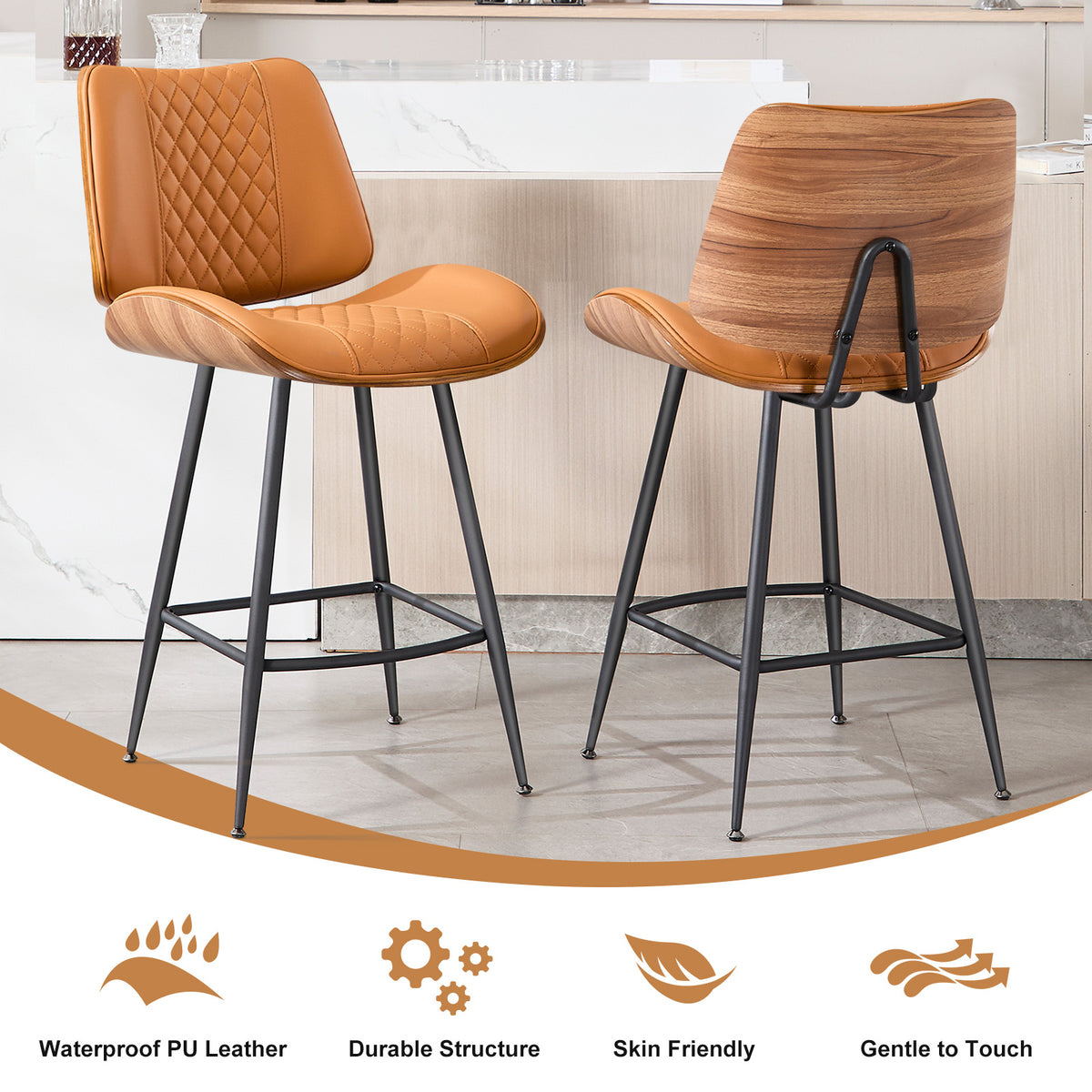 Counter Height Barstools Set of 2, 26.9" Bentwood Metal Legs, Black | Walnut Armless PU Leather Stools, Modern Pub, Home Counter, Kitchen Island & Cafe, Bentwood Walnut Look, 300LBS Easy Clean