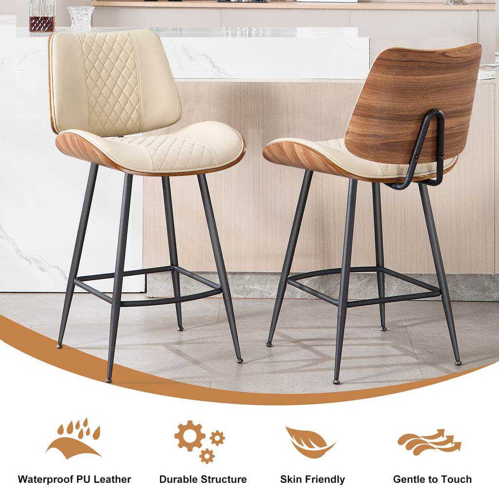 Counter Height Barstools Set of 2, 26.9" Bentwood Metal Legs, Black | Walnut Armless PU Leather Stools, Modern Pub, Home Counter, Kitchen Island & Cafe, Bentwood Walnut Look, 300LBS Easy Clean
