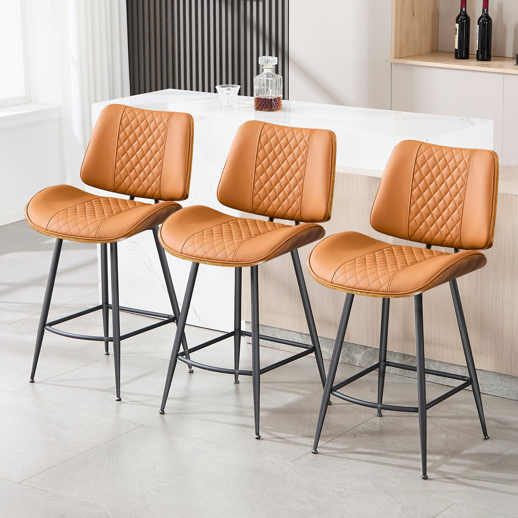 Counter Height Barstools Set of 2, 26.9" Bentwood Metal Legs, Black | Walnut Armless PU Leather Stools, Modern Pub, Home Counter, Kitchen Island & Cafe, Bentwood Walnut Look, 300LBS Easy Clean
