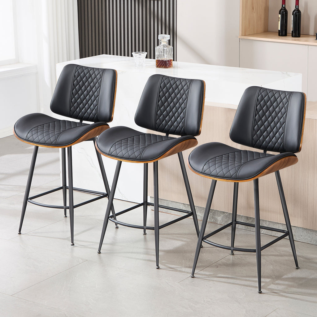 Counter Height Barstools Set of 2, 26.9" Bentwood Metal Legs, Black | Walnut Armless PU Leather Stools, Modern Pub, Home Counter, Kitchen Island & Cafe, Bentwood Walnut Look, 300LBS Easy Clean