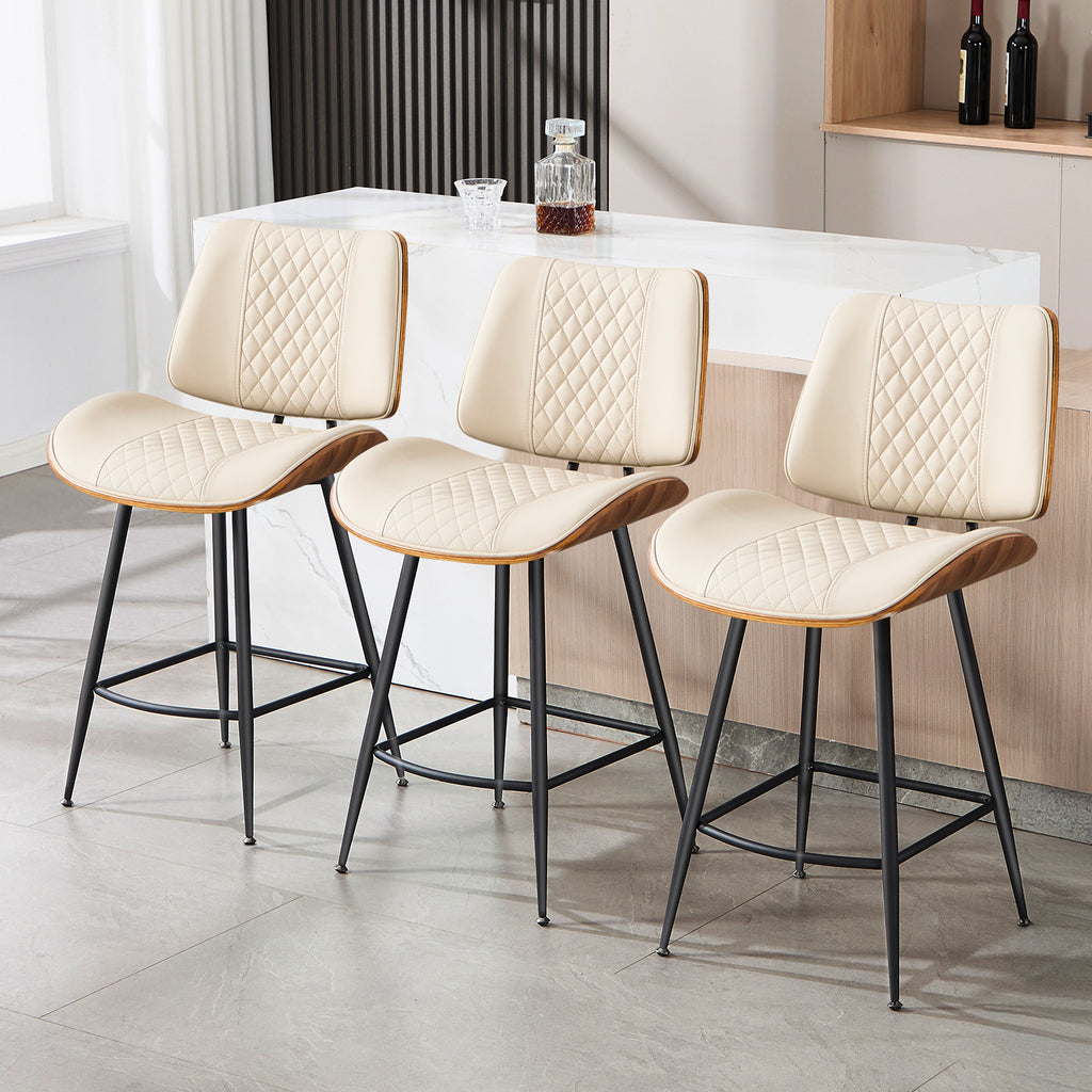 Counter Height Barstools Set of 2, 26.9" Bentwood Metal Legs, Black | Walnut Armless PU Leather Stools, Modern Pub, Home Counter, Kitchen Island & Cafe, Bentwood Walnut Look, 300LBS Easy Clean