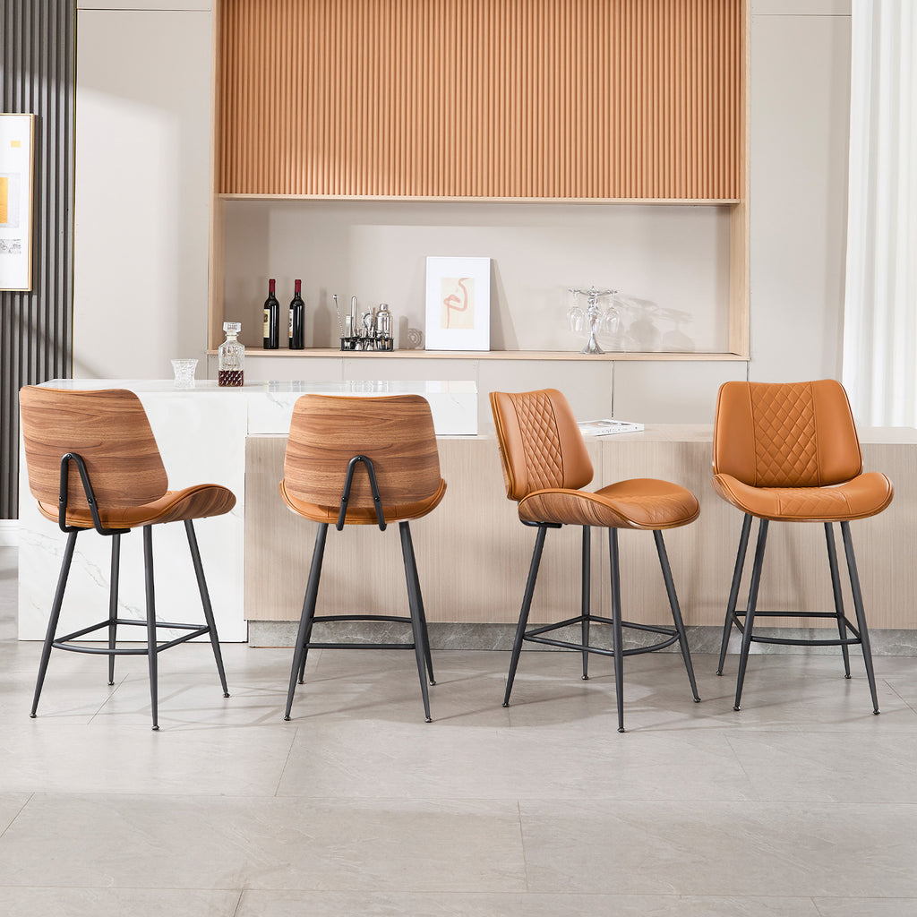 Counter Height Barstools Set of 2, 26.9" Bentwood Metal Legs, Black | Walnut Armless PU Leather Stools, Modern Pub, Home Counter, Kitchen Island & Cafe, Bentwood Walnut Look, 300LBS Easy Clean
