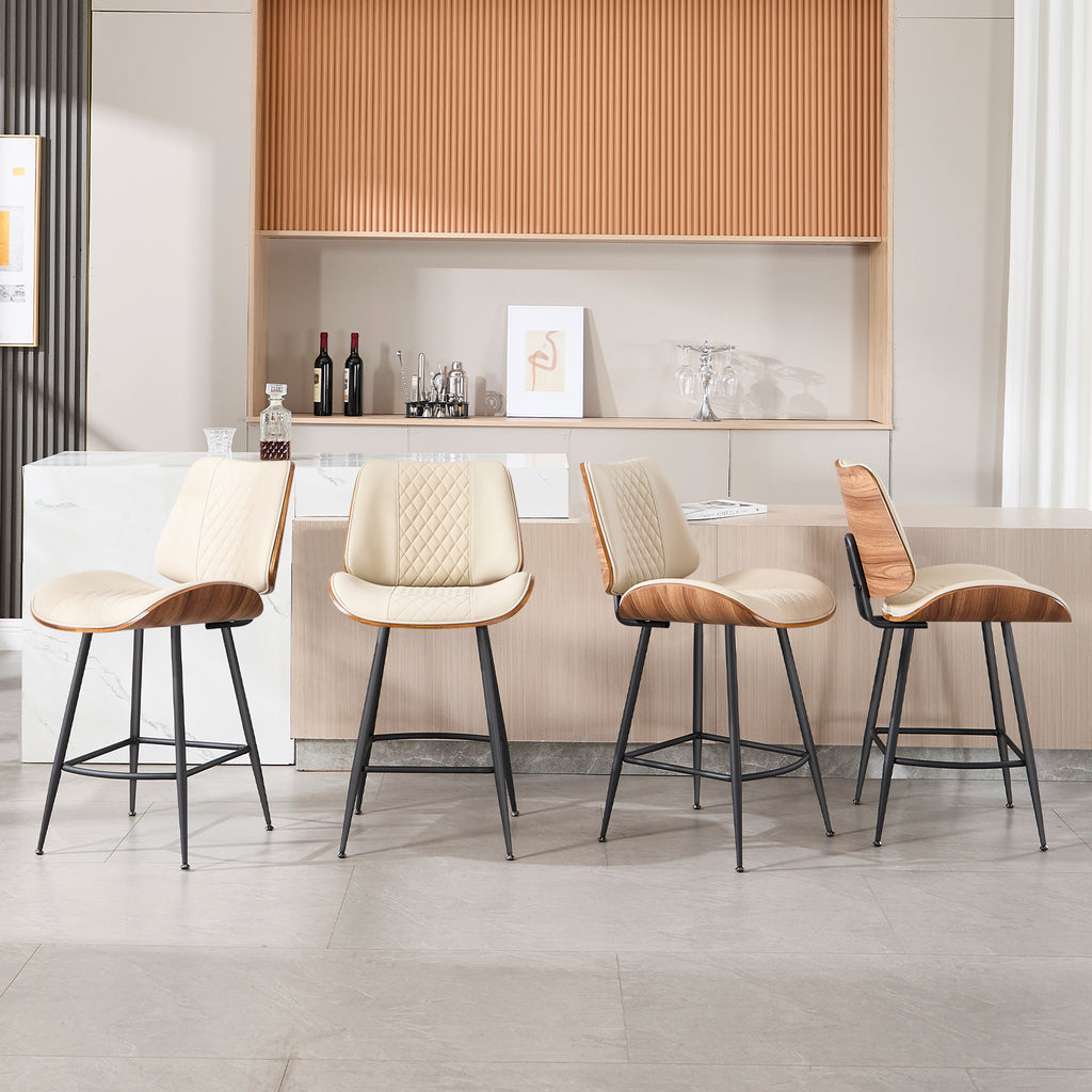 Counter Height Barstools Set of 2, 26.9" Bentwood Metal Legs, Black | Walnut Armless PU Leather Stools, Modern Pub, Home Counter, Kitchen Island & Cafe, Bentwood Walnut Look, 300LBS Easy Clean