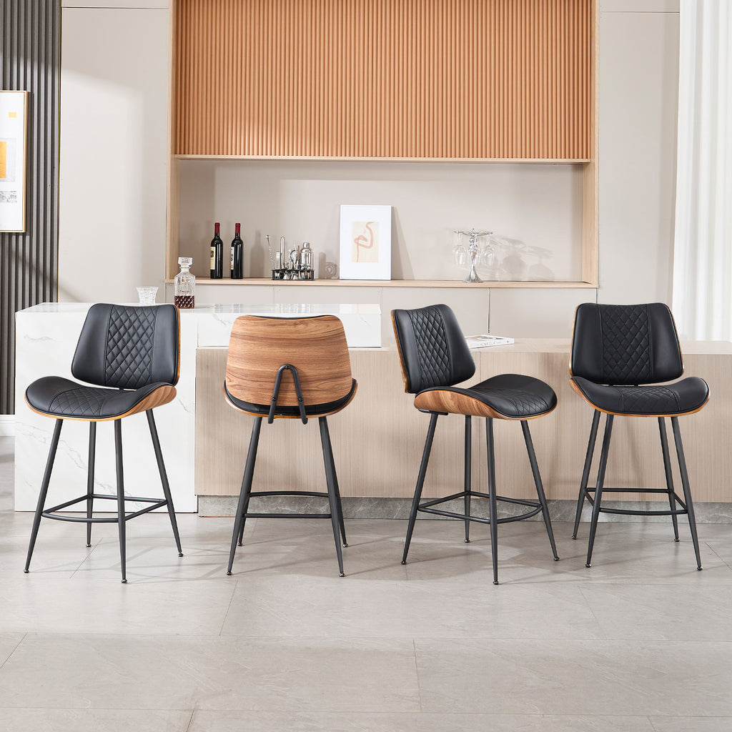 Counter Height Barstools Set of 2, 26.9" Bentwood Metal Legs, Black | Walnut Armless PU Leather Stools, Modern Pub, Home Counter, Kitchen Island & Cafe, Bentwood Walnut Look, 300LBS Easy Clean