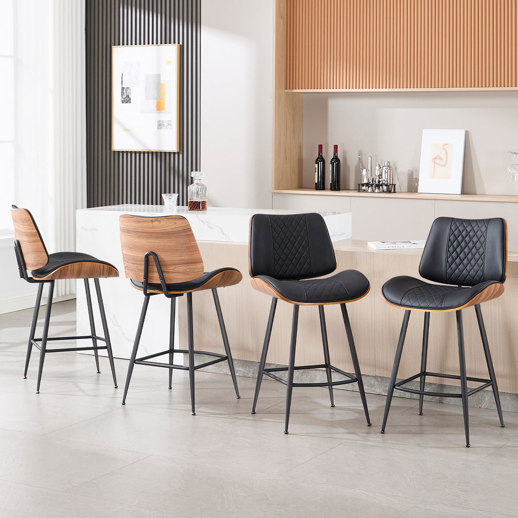 Counter Height Barstools Set of 2, 26.9" Bentwood Metal Legs, Black | Walnut Armless PU Leather Stools, Modern Pub, Home Counter, Kitchen Island & Cafe, Bentwood Walnut Look, 300LBS Easy Clean
