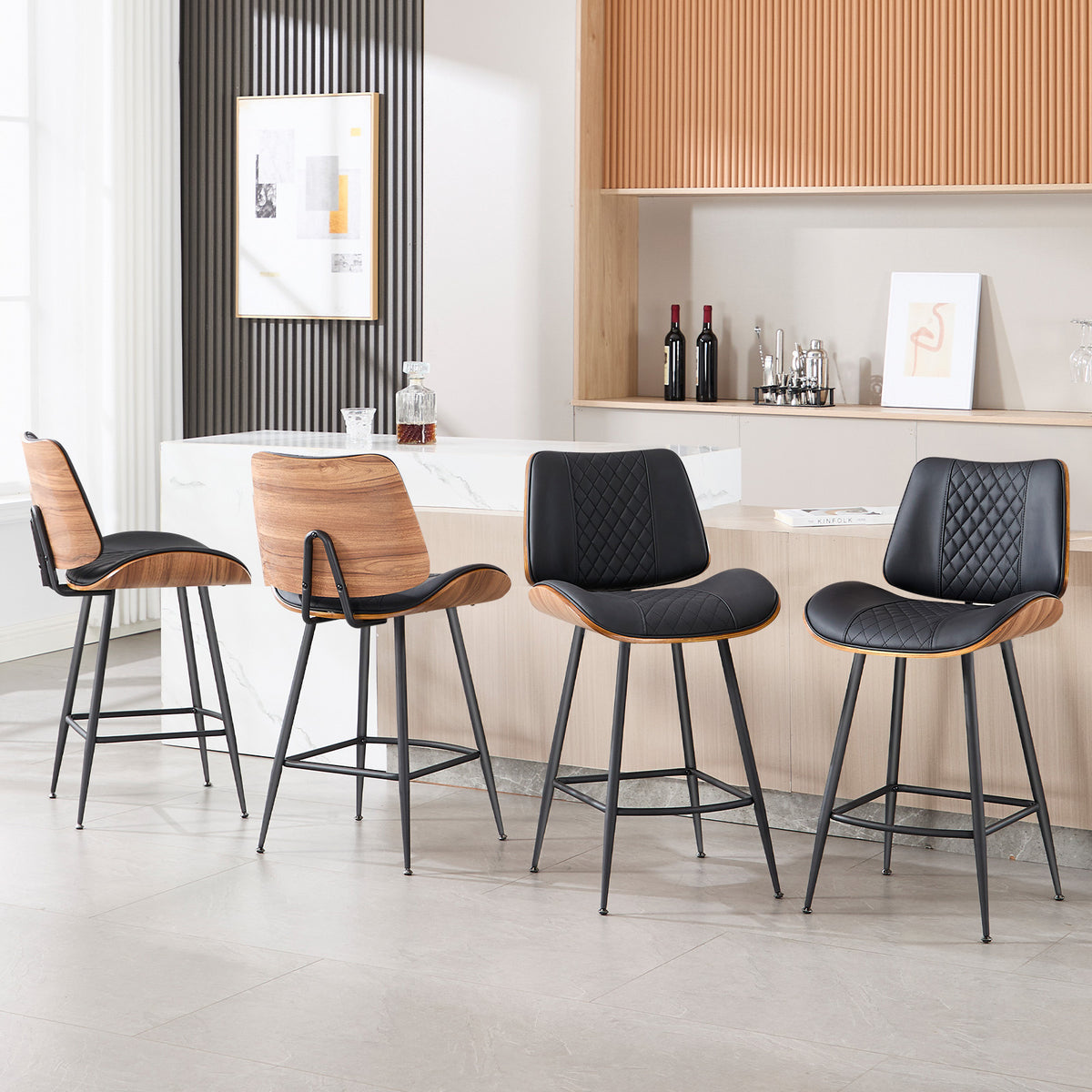 Counter Height Barstools Set of 2, 26.9" Bentwood Metal Legs, Black | Walnut Armless PU Leather Stools, Modern Pub, Home Counter, Kitchen Island & Cafe, Bentwood Walnut Look, 300LBS Easy Clean