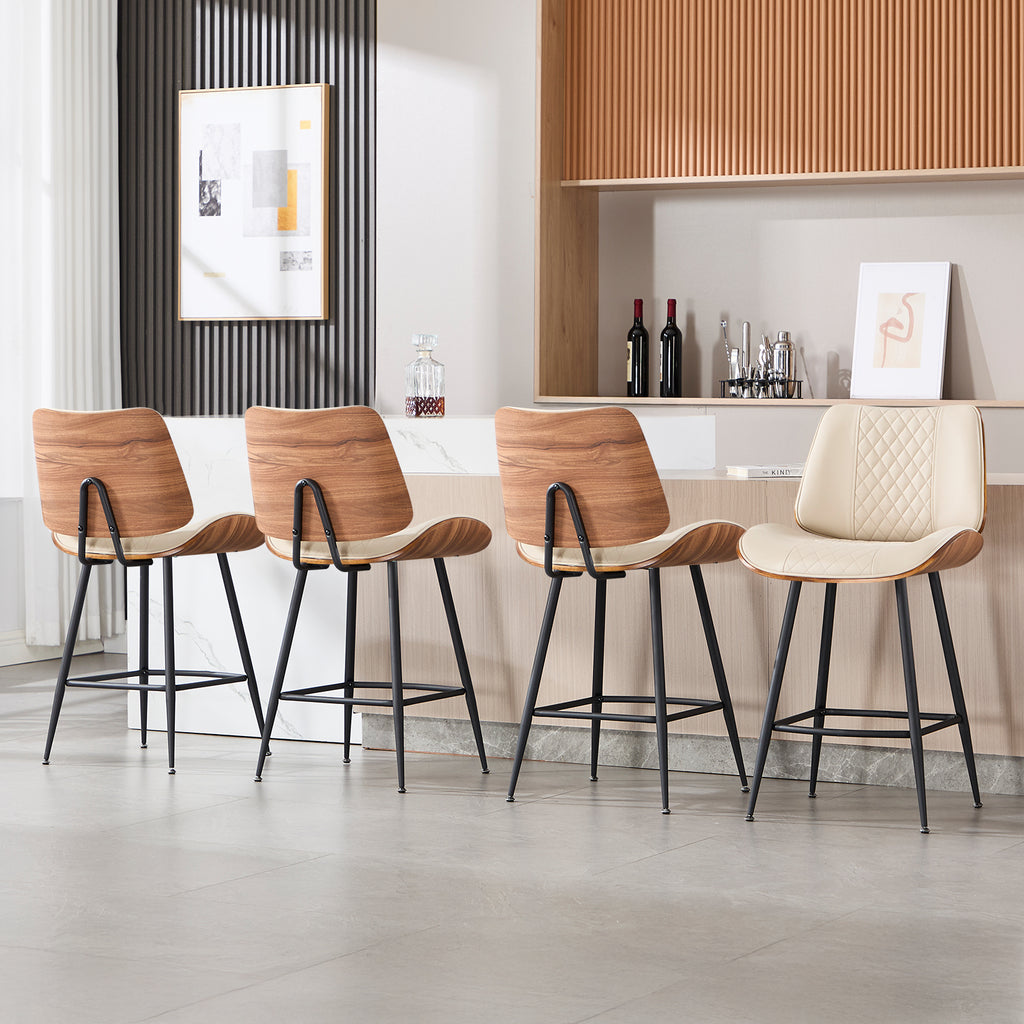 Counter Height Barstools Set of 2, 26.9" Bentwood Metal Legs, Black | Walnut Armless PU Leather Stools, Modern Pub, Home Counter, Kitchen Island & Cafe, Bentwood Walnut Look, 300LBS Easy Clean