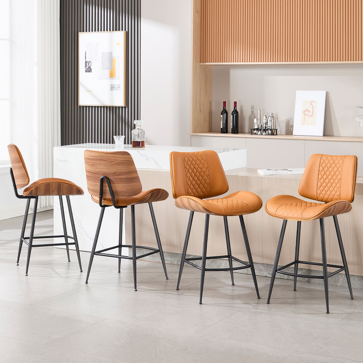 Counter Height Barstools Set of 2, 26.9" Bentwood Metal Legs, Black | Walnut Armless PU Leather Stools, Modern Pub, Home Counter, Kitchen Island & Cafe, Bentwood Walnut Look, 300LBS Easy Clean