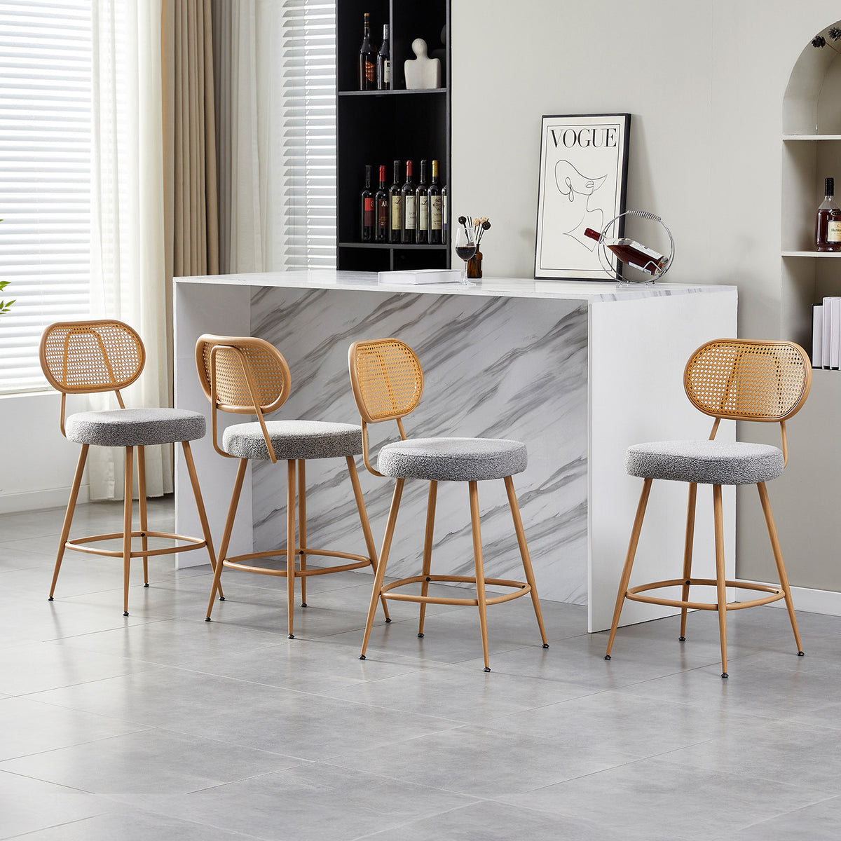 26" Rattan Barstools Set of 2, Counter Height Armless Sherpa, Grey | Wooden Metal Combo Legs, Adjustable Feetpads, Pub Chair for Home Bar Counter, Kitchen Island & Cafe, Cozy Sherpa Seat, 300LBS