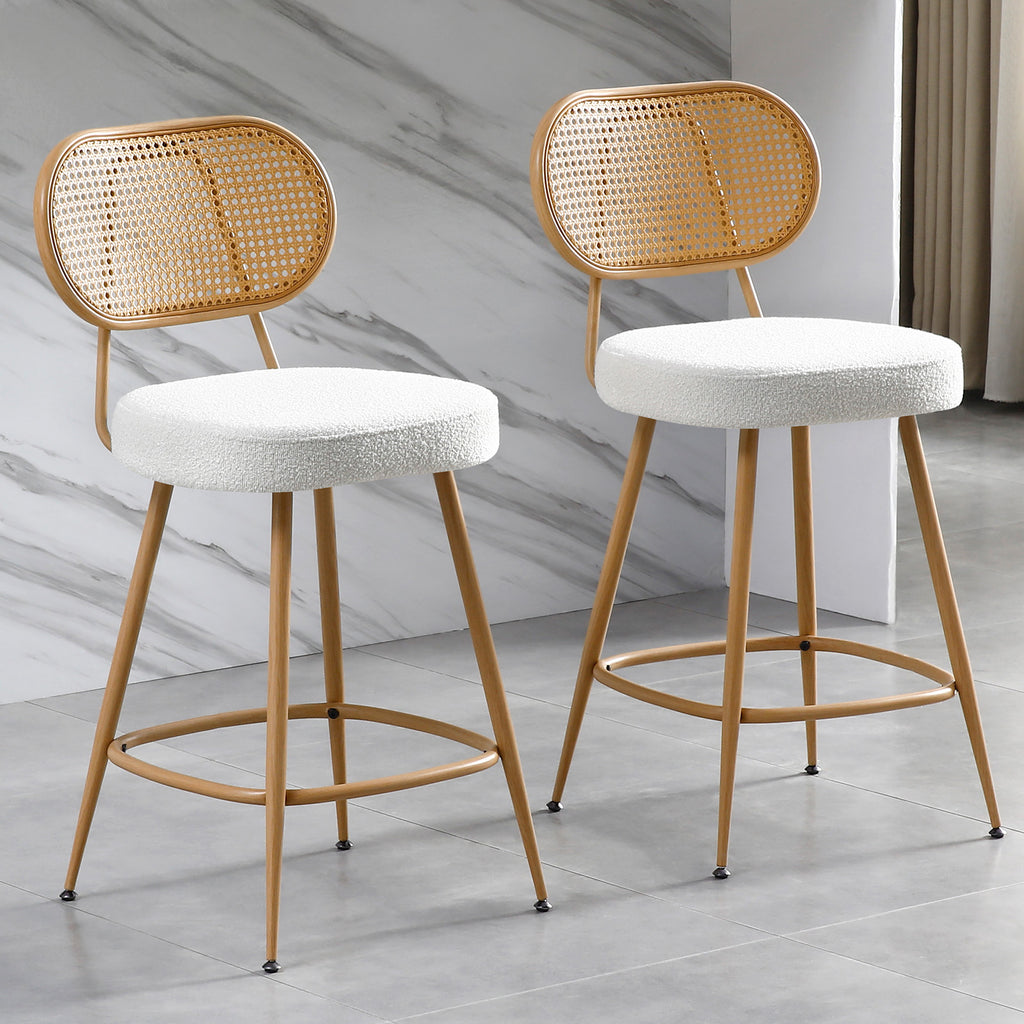 26" Rattan Barstools Set of 2, Counter Height Armless Sherpa, Grey | Wooden Metal Combo Legs, Adjustable Feetpads, Pub Chair for Home Bar Counter, Kitchen Island & Cafe, Cozy Sherpa Seat, 300LBS