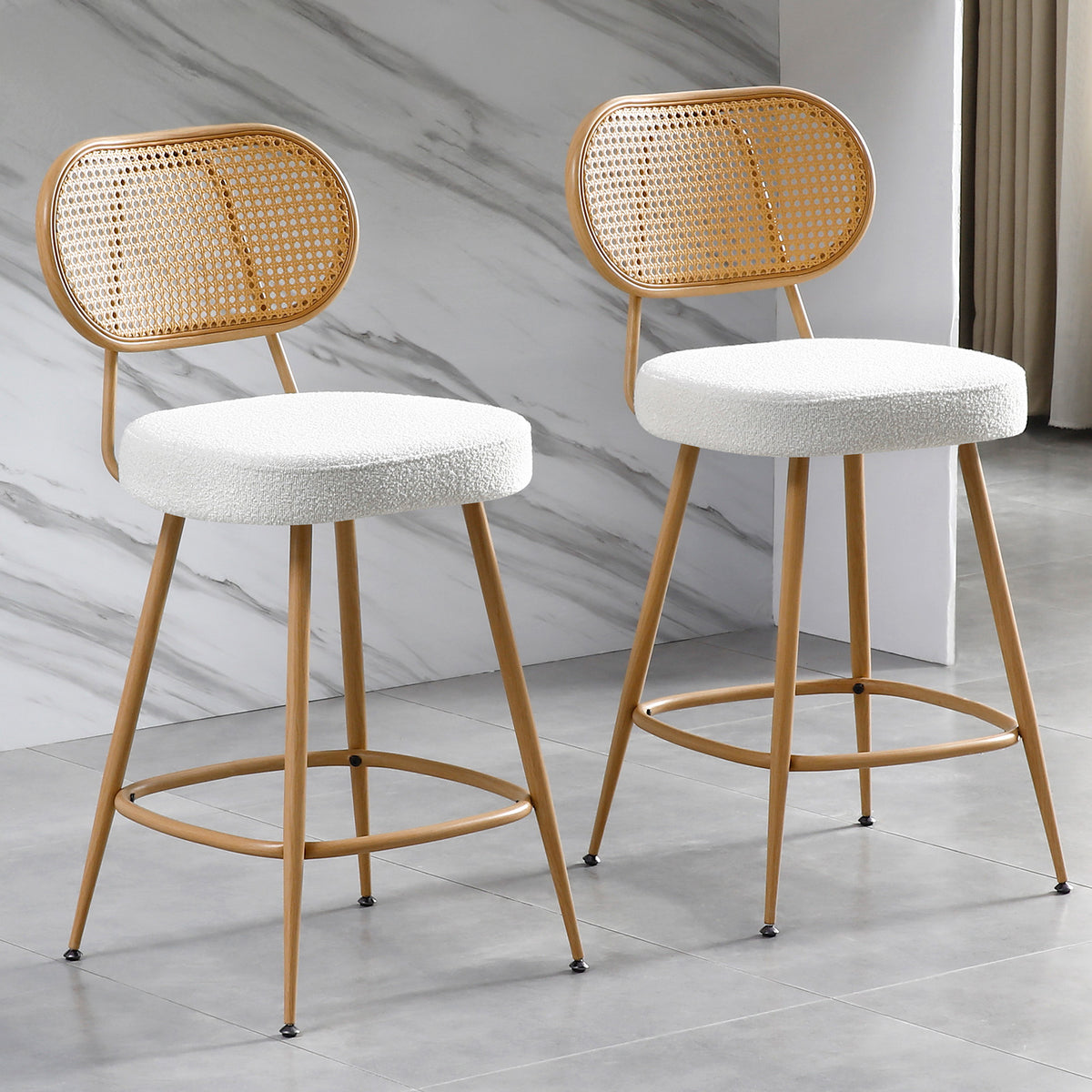 26" Rattan Barstools Set of 2, Counter Height Armless Sherpa, Grey | Wooden Metal Combo Legs, Adjustable Feetpads, Pub Chair for Home Bar Counter, Kitchen Island & Cafe, Cozy Sherpa Seat, 300LBS