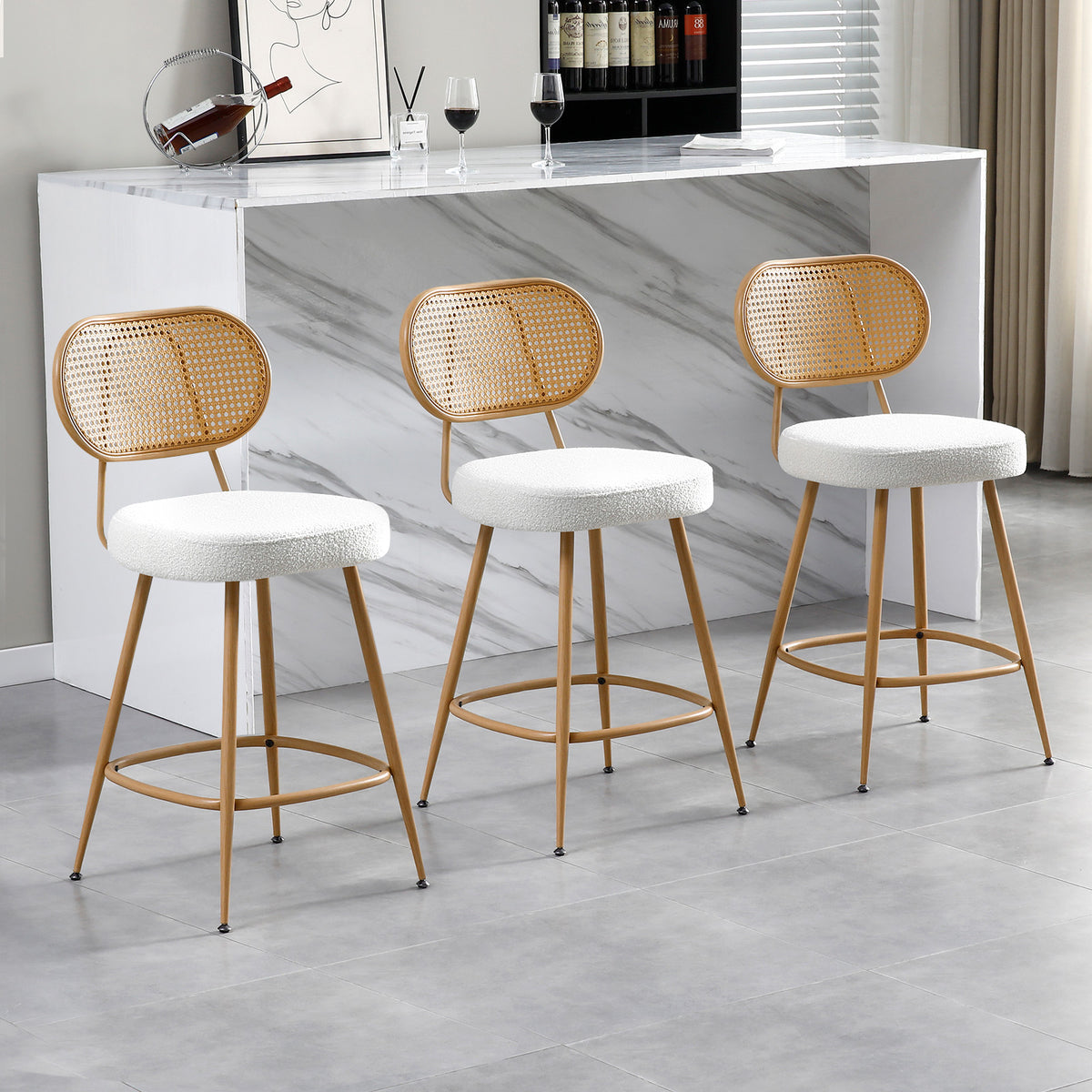 26" Rattan Barstools Set of 2, Counter Height Armless Sherpa, Grey | Wooden Metal Combo Legs, Adjustable Feetpads, Pub Chair for Home Bar Counter, Kitchen Island & Cafe, Cozy Sherpa Seat, 300LBS