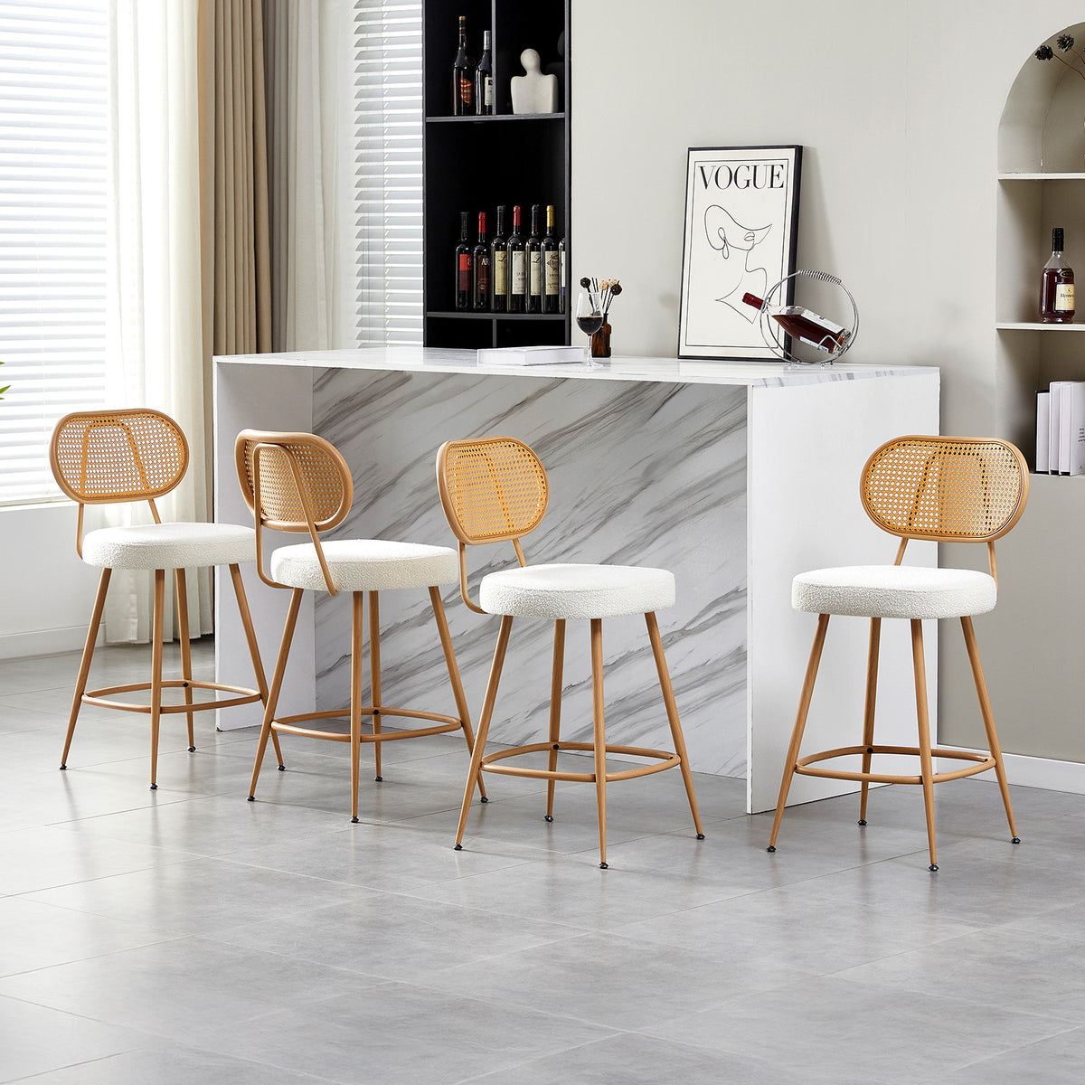 26" Rattan Barstools Set of 2, Counter Height Armless Sherpa, Grey | Wooden Metal Combo Legs, Adjustable Feetpads, Pub Chair for Home Bar Counter, Kitchen Island & Cafe, Cozy Sherpa Seat, 300LBS