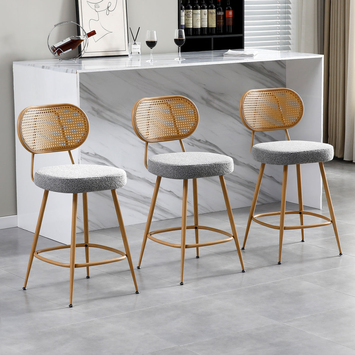 26" Rattan Barstools Set of 2, Counter Height Armless Sherpa, Grey | Wooden Metal Combo Legs, Adjustable Feetpads, Pub Chair for Home Bar Counter, Kitchen Island & Cafe, Cozy Sherpa Seat, 300LBS